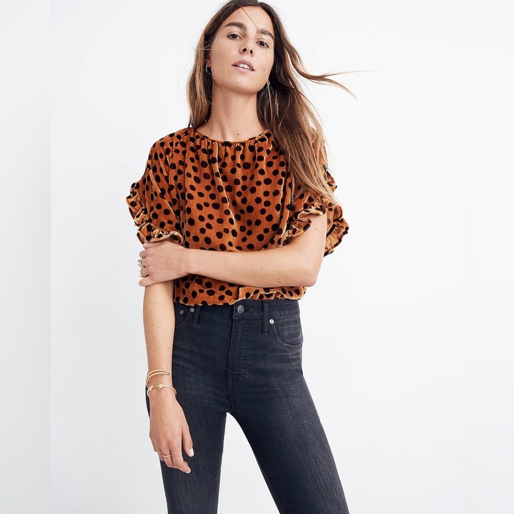 Madewell Women’s Velvet Memento Ruffle Sleeve Top in Leopard Dot Size Large